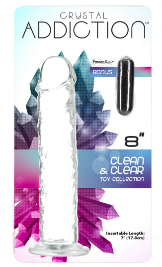 Addiction Crystal 8″ Vertical Dong Clear Tpe With Bonus Bullet