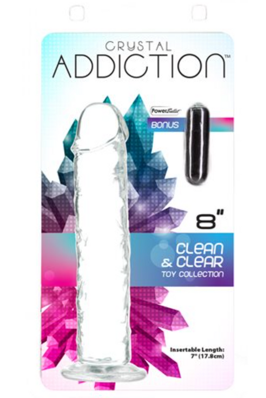 Addiction Crystal 8″ Vertical Dong Clear Tpe With Bonus Bullet