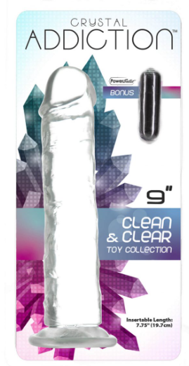 Addiction Crystal 9″ Vertical Dong Clear Tpe With Bonus Bullet