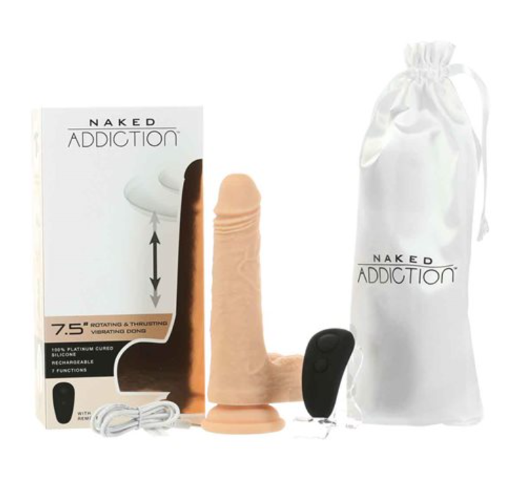 Naked Addiction 7.5″ Vibrating, Rotating & Thrusting Dong with Remote Control Vanilla