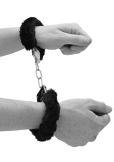 OUCH Black and White - Beginner's Furry Hand Cuffs - With Quick-Release Button
