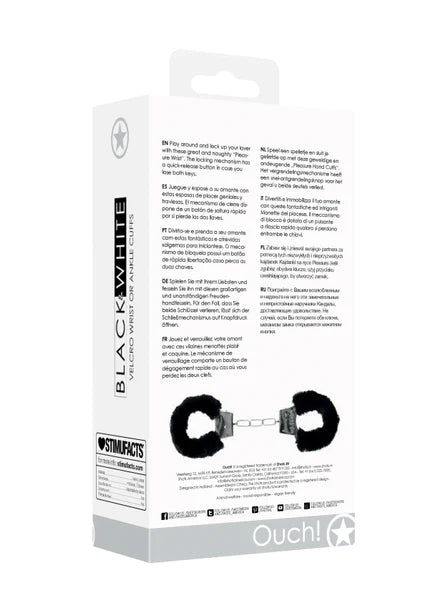 OUCH Black and White - Bonded Leather Hand or Ankle Cuffs - With Adjustable Straps