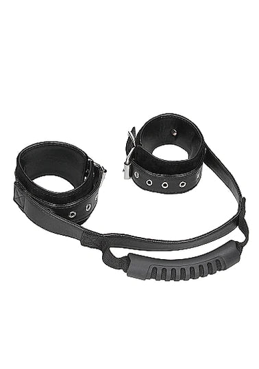 OUCH Black and White - Bonded Leather Hand Cuffs With Handle - With Adjustable Straps