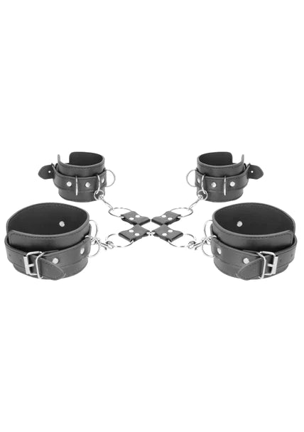 OUCH Black and White - Bonded Leather Hogtie With Hand and Ankle Cuffs