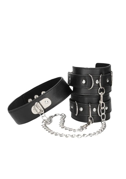 OUCH Black and White - Bonded Leather Collar With Wrist Cuffs