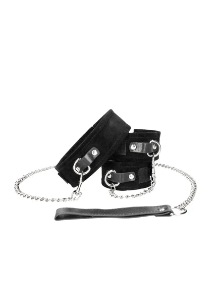Ouch Black and White - Velcro Collar With Leash And Hand Cuffs - With Adjustable Straps