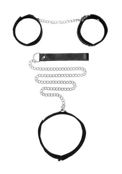 Ouch Black and White - Velcro Collar With Leash And Hand Cuffs - With Adjustable Straps