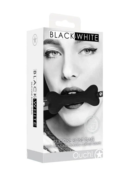 Ouch Black and White - Silicone Bone Gag - With Adjustable Bonded Leather Straps
