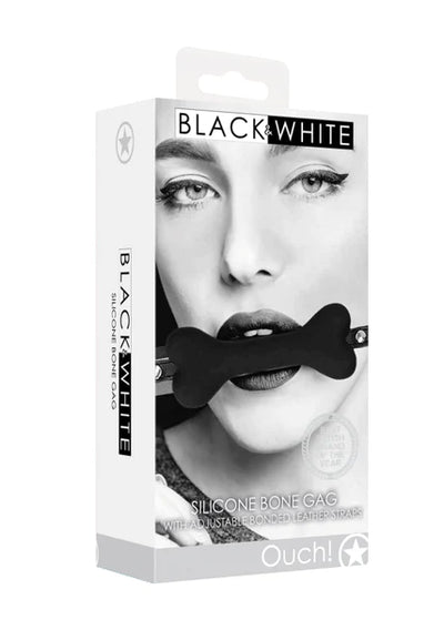 Ouch Black and White - Silicone Bone Gag - With Adjustable Bonded Leather Straps