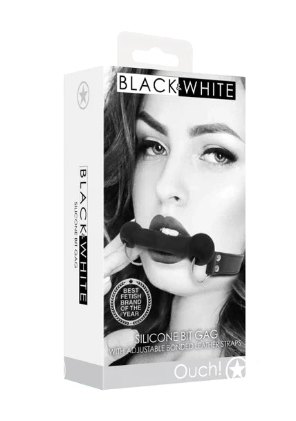 Ouch Black and White - Silicone Bit Gag - With Adjustable Bonded Leather Straps