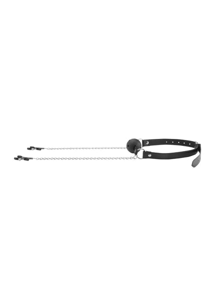 OUCH Black and White - Breathable Ball Gag With Nipple Clamps