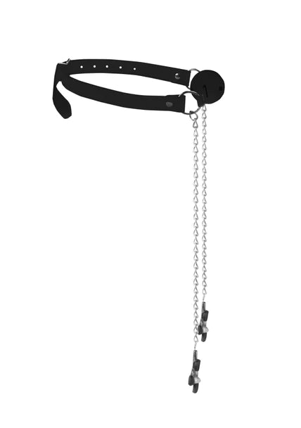 OUCH Black and White - Breathable Ball Gag With Nipple Clamps