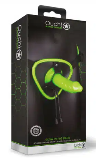 OUCH Glow in the Dark - Bonded Leather Strap-on Harness with Silicone Dildo 5.7"