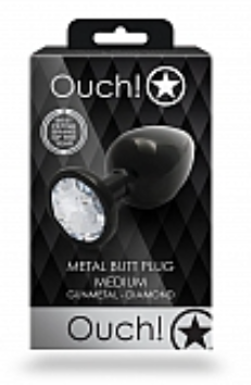 Ouch! Round Gem Butt Plug - Medium - Gunmetal / Diamond